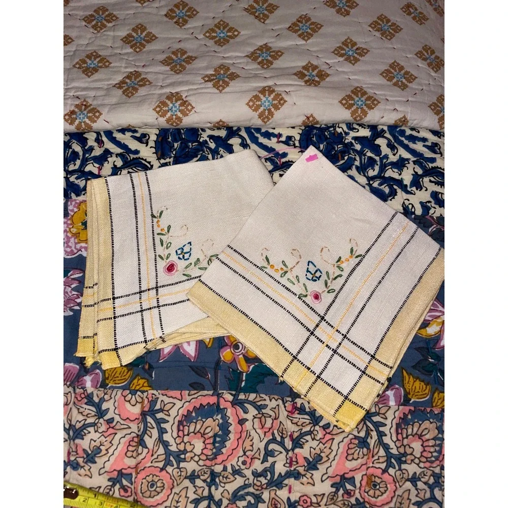 Vintage Pair Embroidered Linen Napkins Pink Rose Floral Yellow Plaid